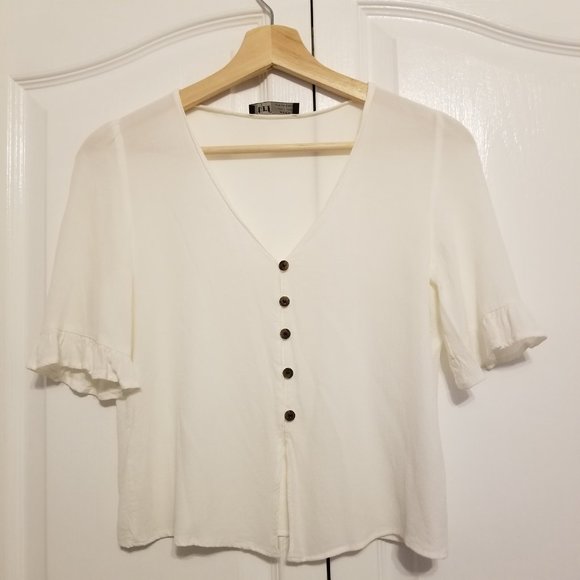 Zara TRF White Button Down Ruffle Trim Sleeve V-Neck Flowy Crop Summer Blouse - Picture 2 of 10